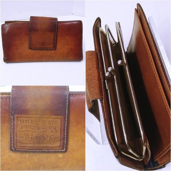 Vintage 70s-80s Levi Strauss & Co Leather Wallet Kiss-Lock Check/Bills Logo Tan